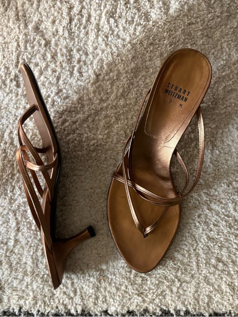 Stuart Weitzman Metallic Bronze Strappy Designer Slip On 2” Kitten Heel Sandals